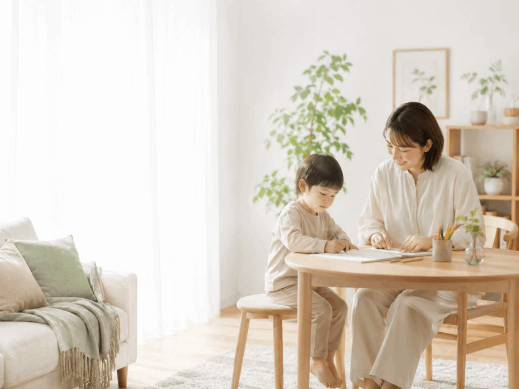 Webメディアのファーストビュー用ビジュアル。明るい北欧ナチュラルテイストの室内で、親子が穏やかに過ごしている自然なシーン。白い壁、木製家具、観葉植物、淡いグリーンやベージュのファブリック、小さな子ども向けのやさしい暮らしの空気感。親子は笑いすぎず自然な表情で、積み木や絵本などを通して落ち着いて触れ合っている。清潔感、安心感、やわらかさ、余白のある構図を重視。左側はややすっきり空けて、右側中心に人物を配置する。画像内に文字・ロゴ・透かしは入れない。高品質な写真風、自然光、柔らかな色調、4:3、上品で生活感がありすぎない。